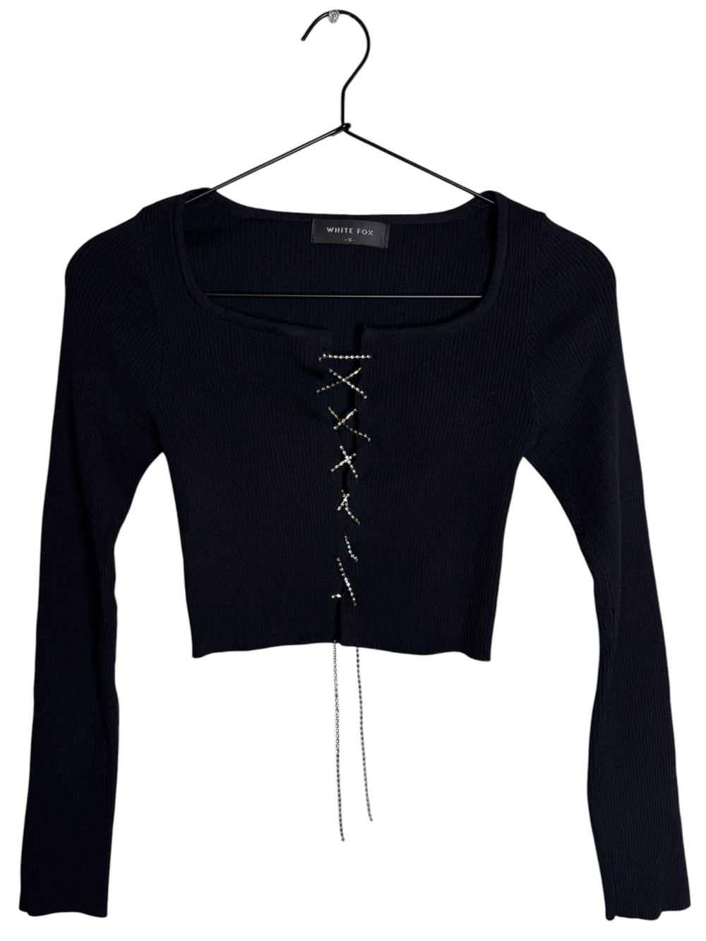White Fox Boutique Black Rhinestone Lace-Up Long Sleeve Ribbed Crop Top